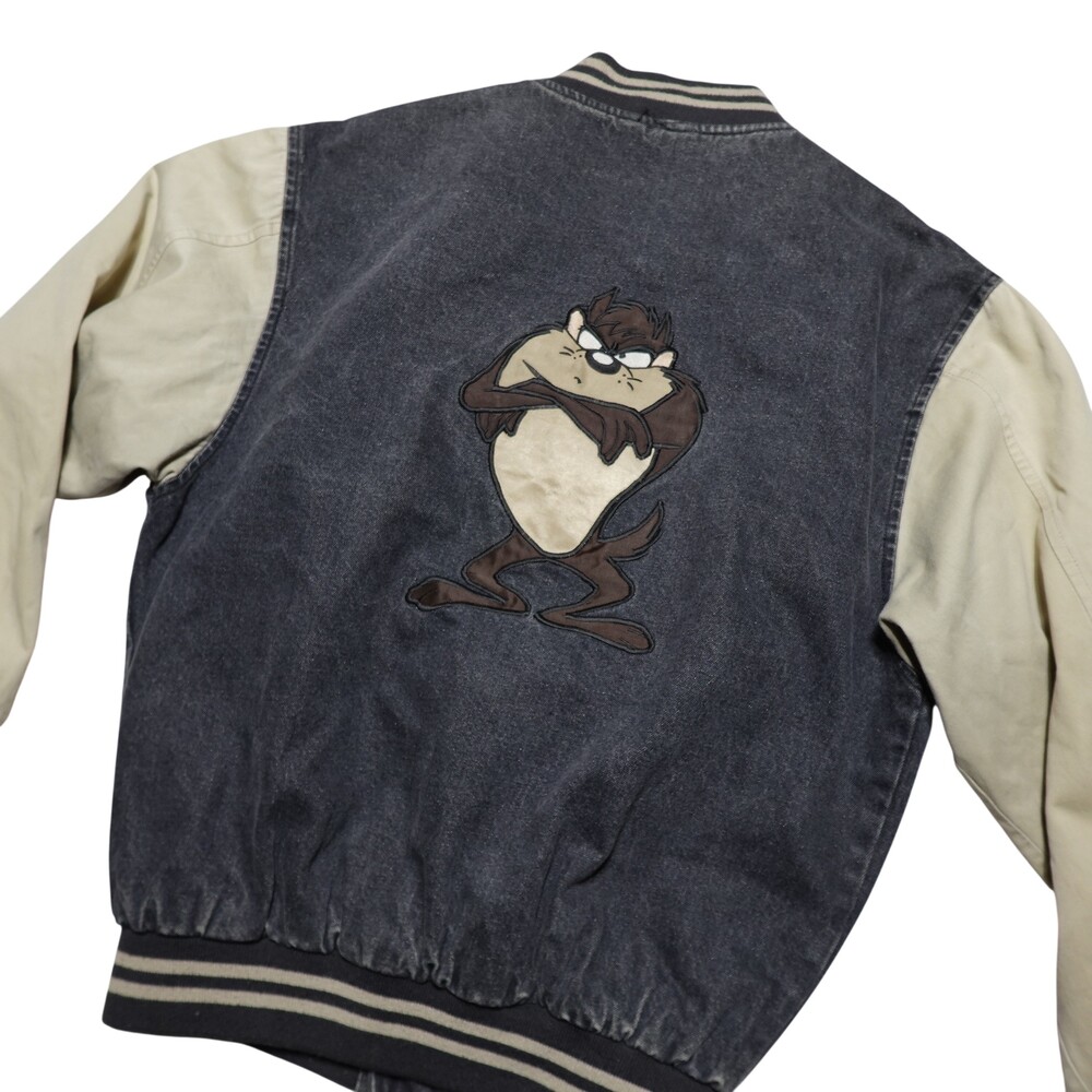 Vintage Genus Jacket Mens Medium Gray Taz Looney Tunes Denim Varsity Bomber